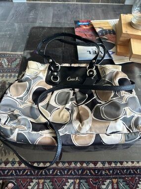Coach Multicolor Signature Circle Print Shoulder Bag with Black Trim